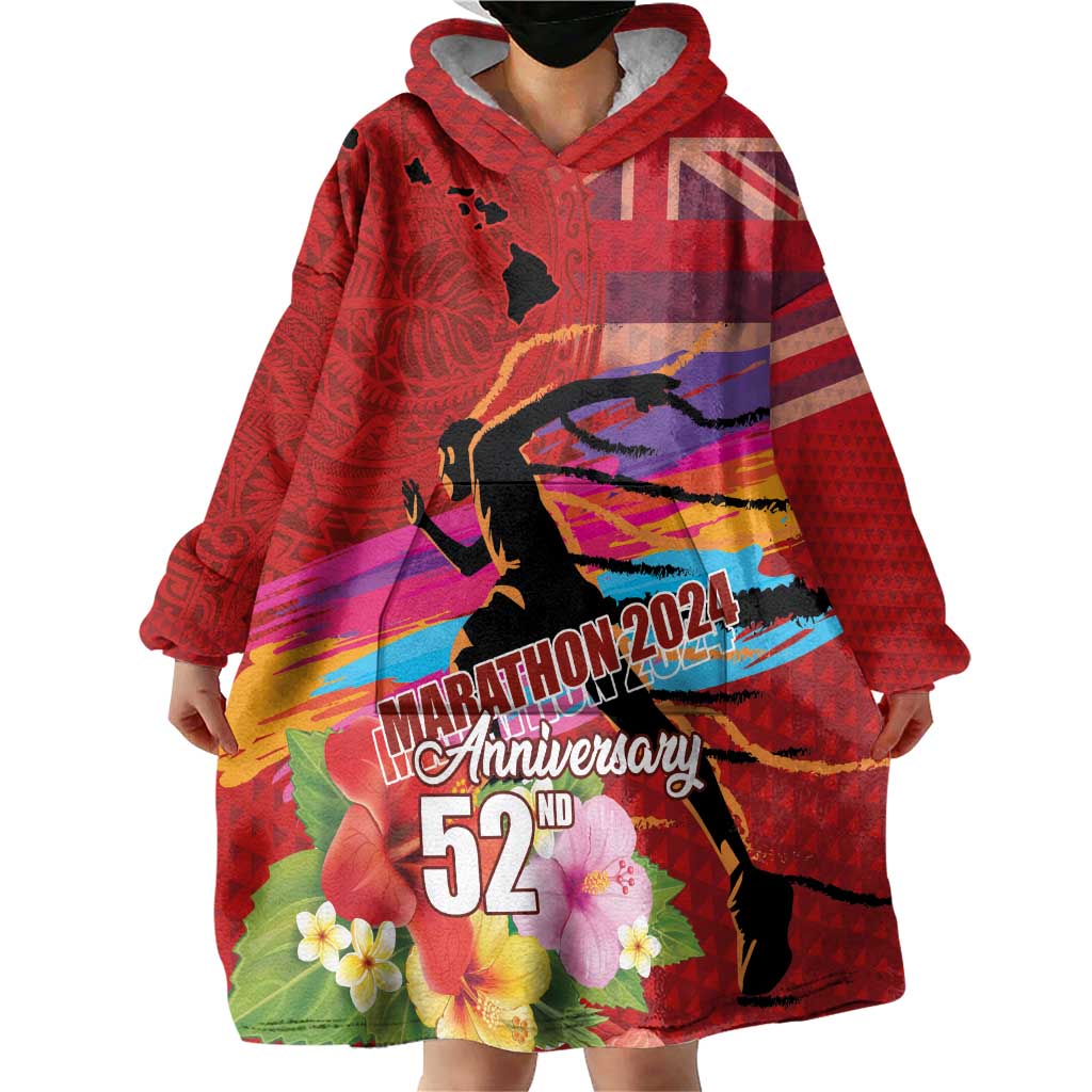 Honolulu Anniversary 52nd Running Wearable Blanket Hoodie Marathon Competition Kakau Pattern Red Color LT03 - Polynesian Pride