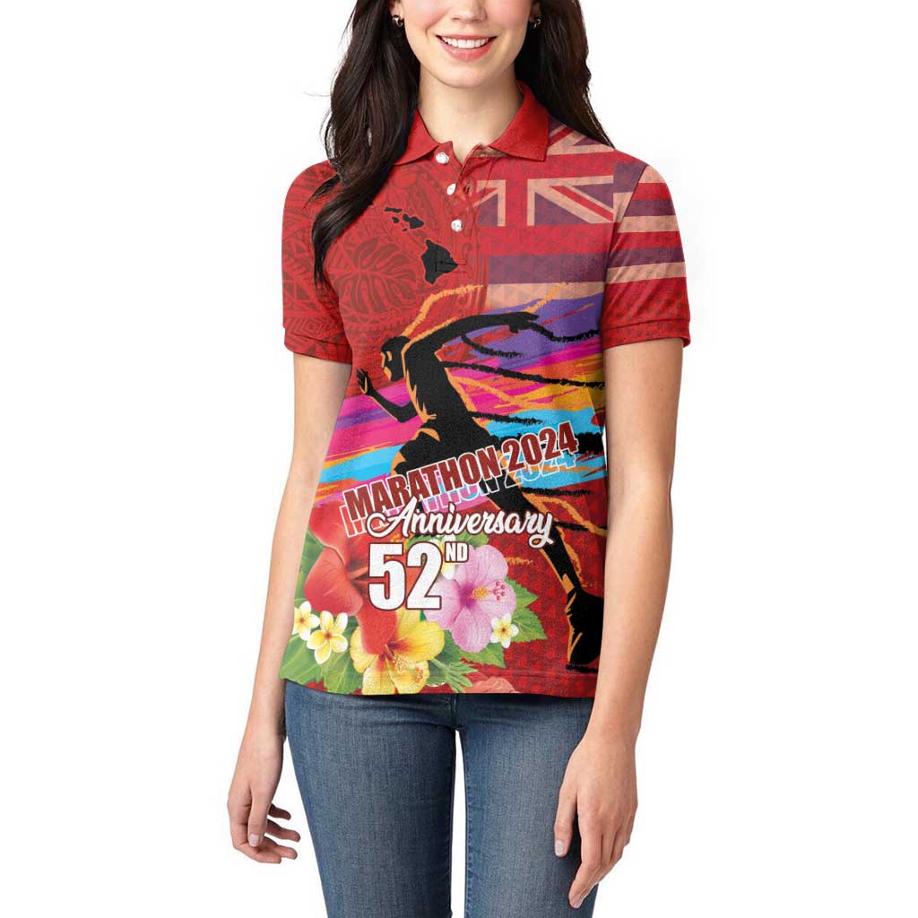 Honolulu Anniversary 52nd Running Women Polo Shirt Marathon Competition Kakau Pattern Red Color