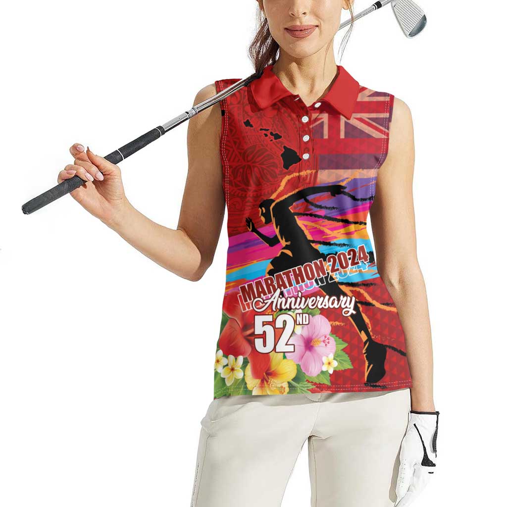 Honolulu Anniversary 52nd Running Women Sleeveless Polo Shirt Marathon Competition Kakau Pattern Red Color