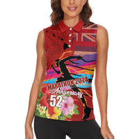Honolulu Anniversary 52nd Running Women Sleeveless Polo Shirt Marathon Competition Kakau Pattern Red Color