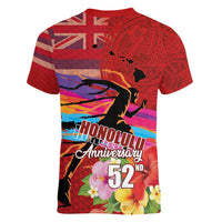Honolulu Anniversary 52nd Running Women V-Neck T-Shirt Marathon Competition Kakau Pattern Red Color LT03 - Polynesian Pride