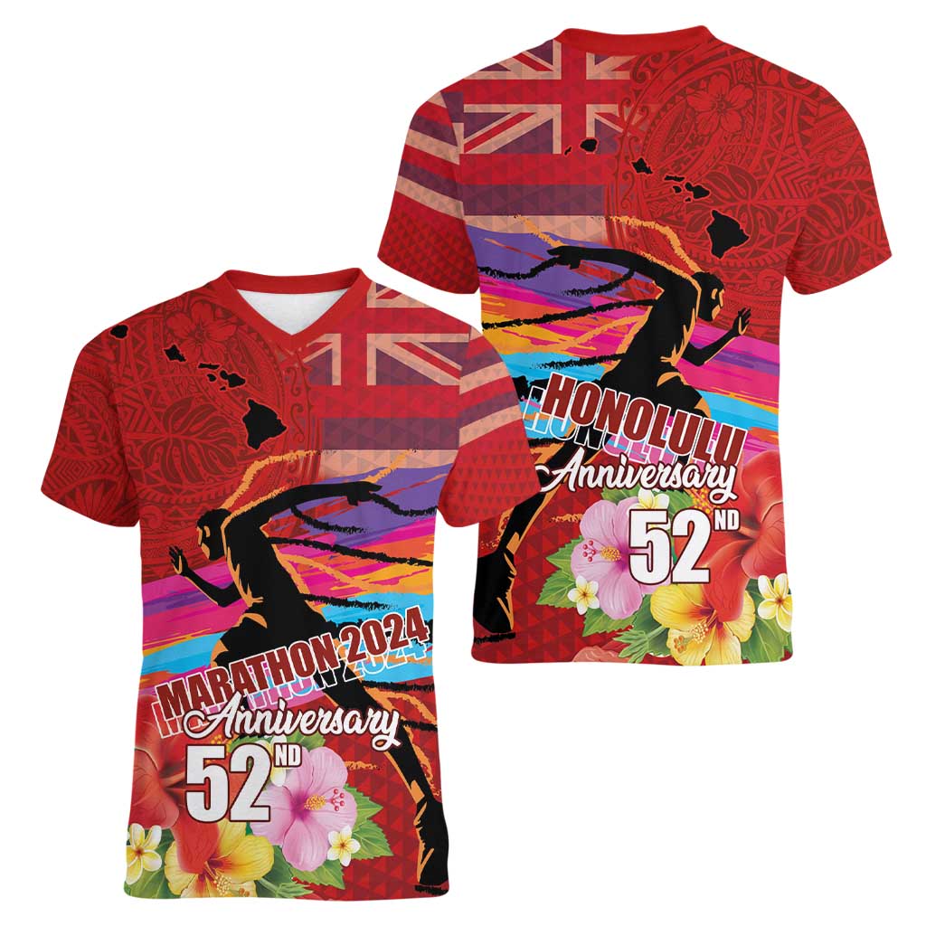 Honolulu Anniversary 52nd Running Women V-Neck T-Shirt Marathon Competition Kakau Pattern Red Color LT03 - Polynesian Pride