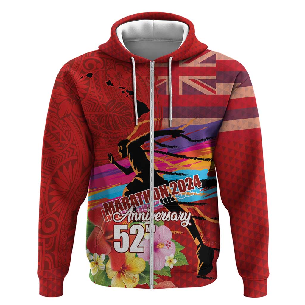 Honolulu Anniversary 52nd Running Zip Hoodie Marathon Competition Kakau Pattern Red Color