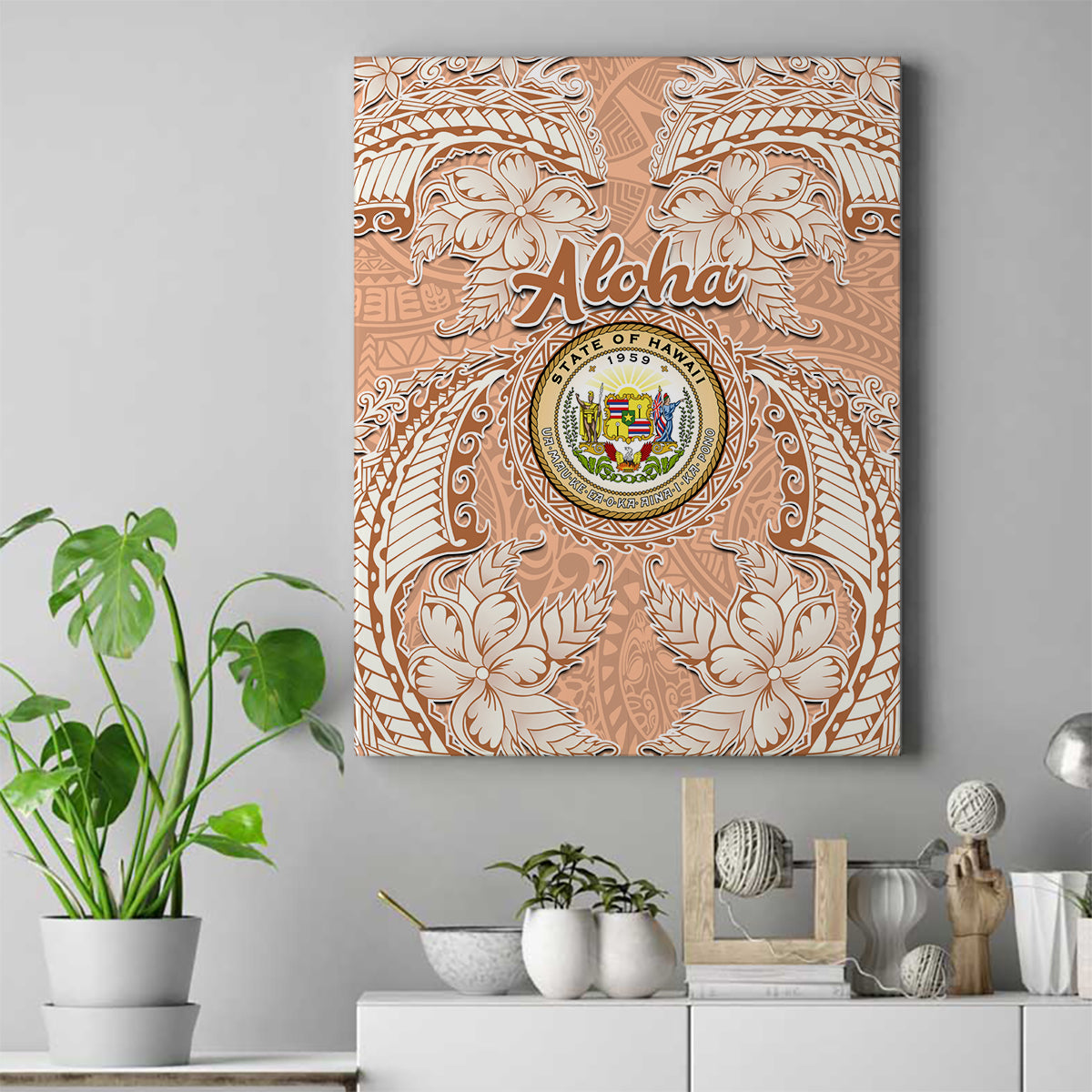 Hawaii Tropical Flowers with Kakau Tribal Canvas Wall Art Peach Fuzz Color LT03 Peach Fuzz - Polynesian Pride