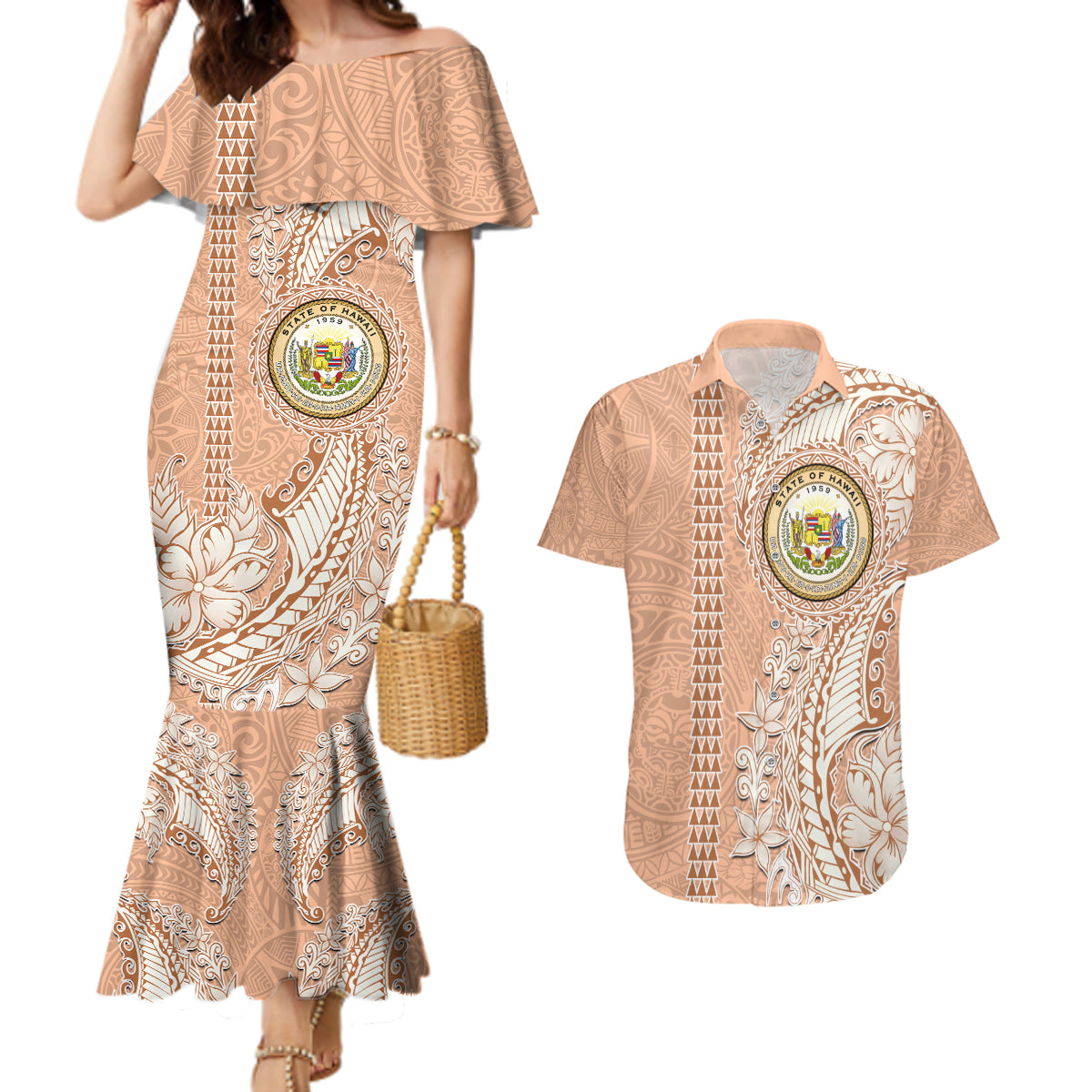 Hawaii Tropical Flowers with Kakau Tribal Couples Matching Mermaid Dress and Hawaiian Shirt Peach Fuzz Color LT03 Peach Fuzz - Polynesian Pride