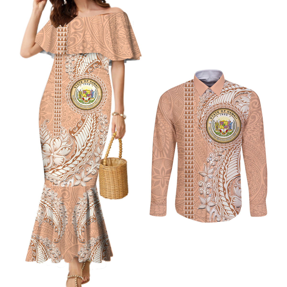 Hawaii Tropical Flowers with Kakau Tribal Couples Matching Mermaid Dress and Long Sleeve Button Shirt Peach Fuzz Color LT03 Peach Fuzz - Polynesian Pride