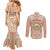 Hawaii Tropical Flowers with Kakau Tribal Couples Matching Mermaid Dress and Long Sleeve Button Shirt Peach Fuzz Color LT03 - Polynesian Pride