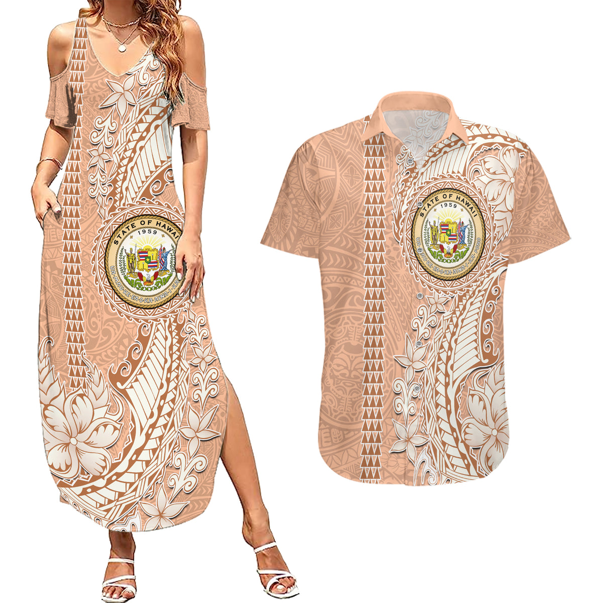 Hawaii Tropical Flowers with Kakau Tribal Couples Matching Summer Maxi Dress and Hawaiian Shirt Peach Fuzz Color LT03 Peach Fuzz - Polynesian Pride