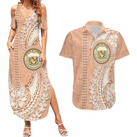 Hawaii Tropical Flowers with Kakau Tribal Couples Matching Summer Maxi Dress and Hawaiian Shirt Peach Fuzz Color LT03 Peach Fuzz - Polynesian Pride