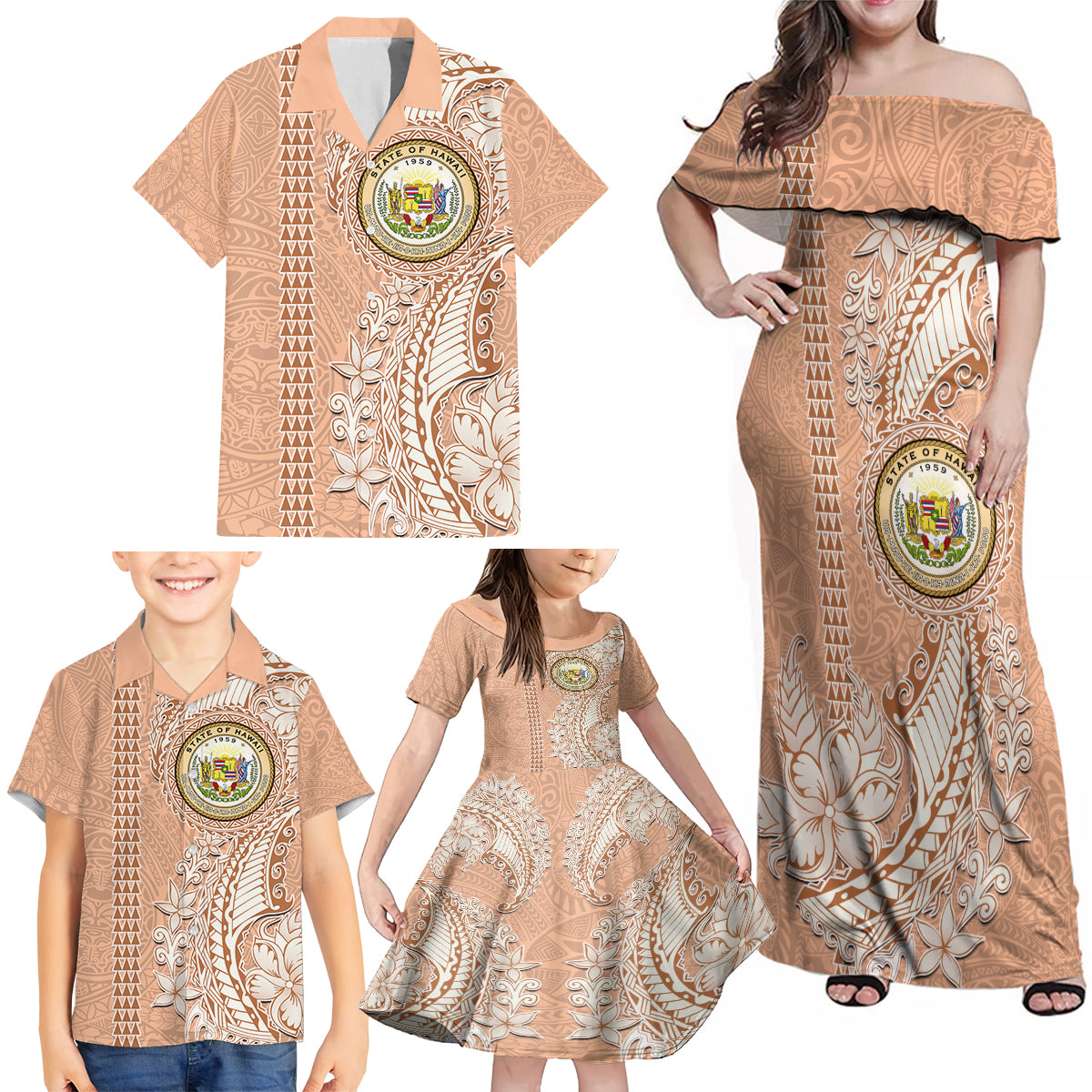 Hawaii Tropical Flowers with Kakau Tribal Family Matching Off Shoulder Maxi Dress and Hawaiian Shirt Peach Fuzz Color LT03 - Polynesian Pride