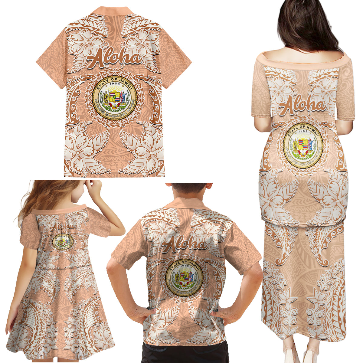 Hawaii Tropical Flowers with Kakau Tribal Family Matching Puletasi Dress and Hawaiian Shirt Peach Fuzz Color LT03 - Polynesian Pride