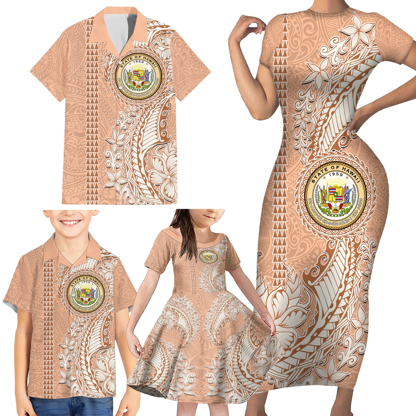 Hawaii Tropical Flowers with Kakau Tribal Family Matching Short Sleeve Bodycon Dress and Hawaiian Shirt Peach Fuzz Color LT03 - Polynesian Pride