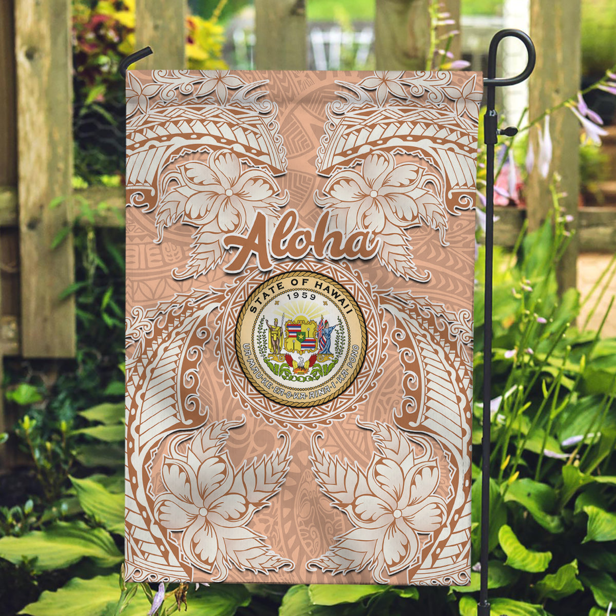 Hawaii Tropical Flowers with Kakau Tribal Garden Flag Peach Fuzz Color LT03 Garden Flag Peach Fuzz - Polynesian Pride