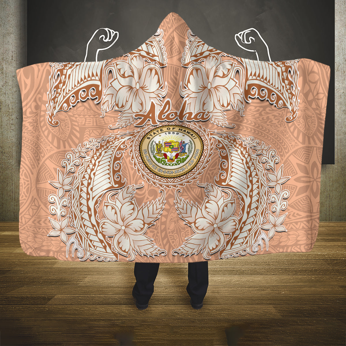 Hawaii Tropical Flowers with Kakau Tribal Hooded Blanket Peach Fuzz Color LT03 One Size Peach Fuzz - Polynesian Pride