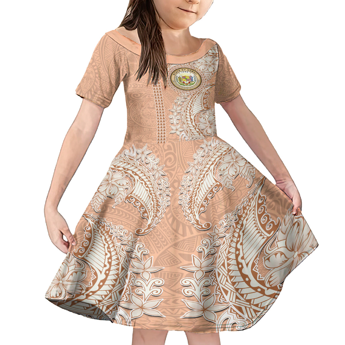 Hawaii Tropical Flowers with Kakau Tribal Kid Short Sleeve Dress Peach Fuzz Color LT03 KID Peach Fuzz - Polynesian Pride
