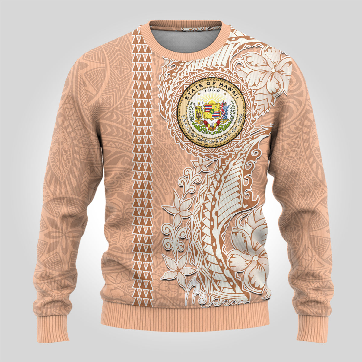 Hawaii Tropical Flowers with Kakau Tribal Ugly Christmas Sweater Peach Fuzz Color LT03 - Polynesian Pride