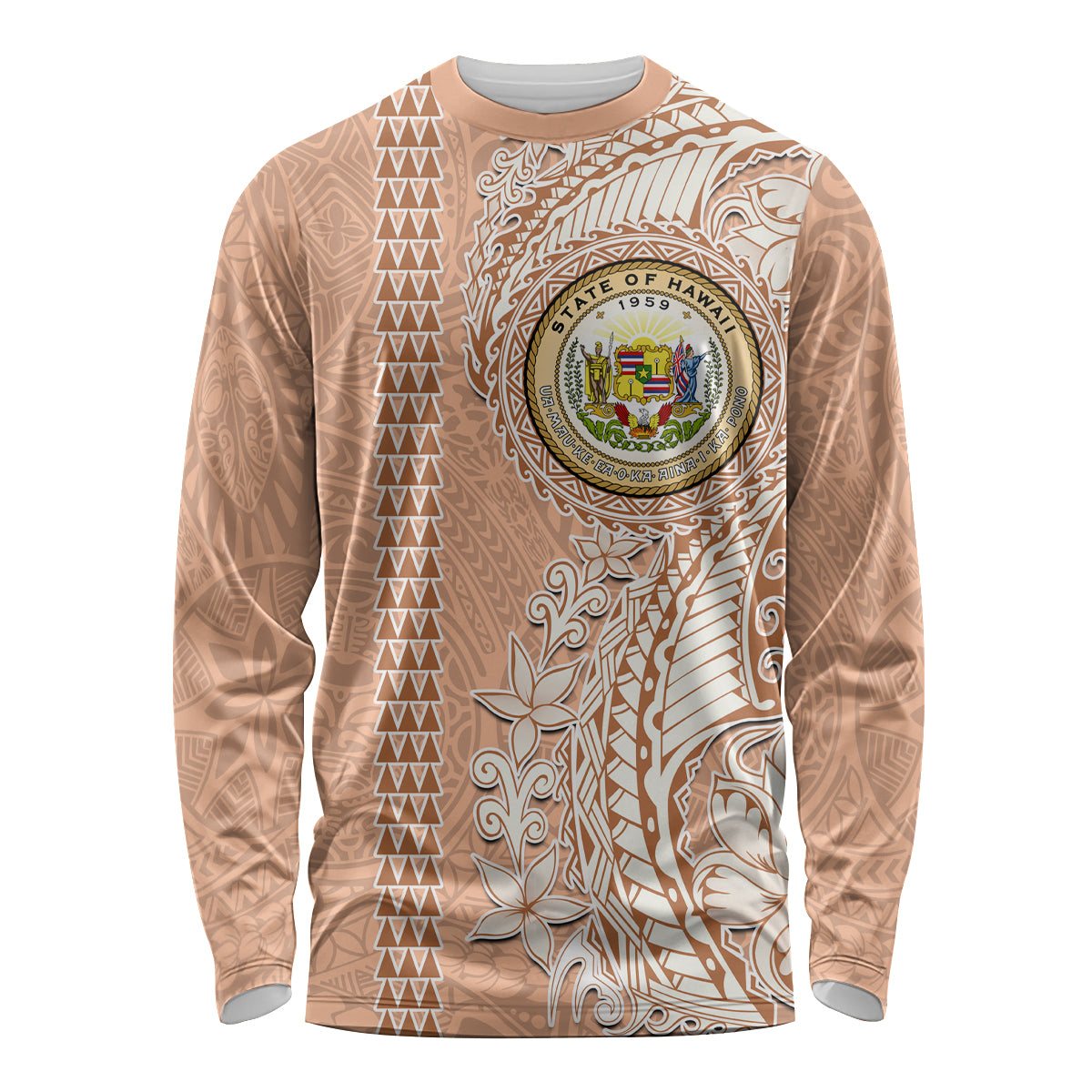 Hawaii Tropical Flowers with Kakau Tribal Long Sleeve Shirt Peach Fuzz Color LT03 Unisex Peach Fuzz - Polynesian Pride