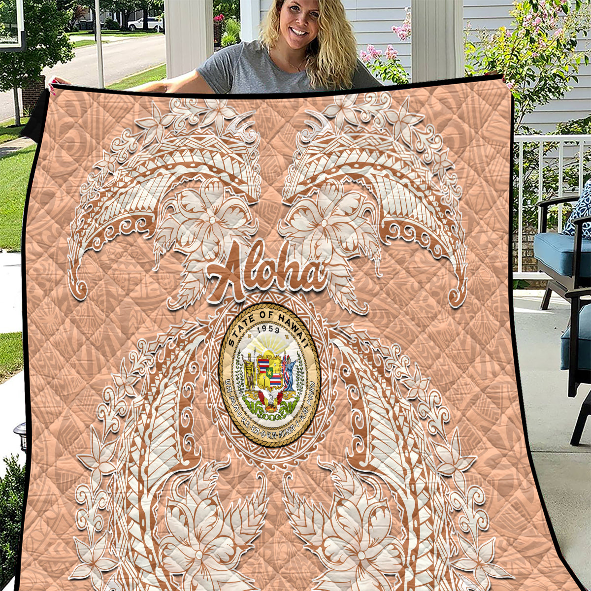 Hawaii Tropical Flowers with Kakau Tribal Quilt Peach Fuzz Color LT03 Peach Fuzz - Polynesian Pride