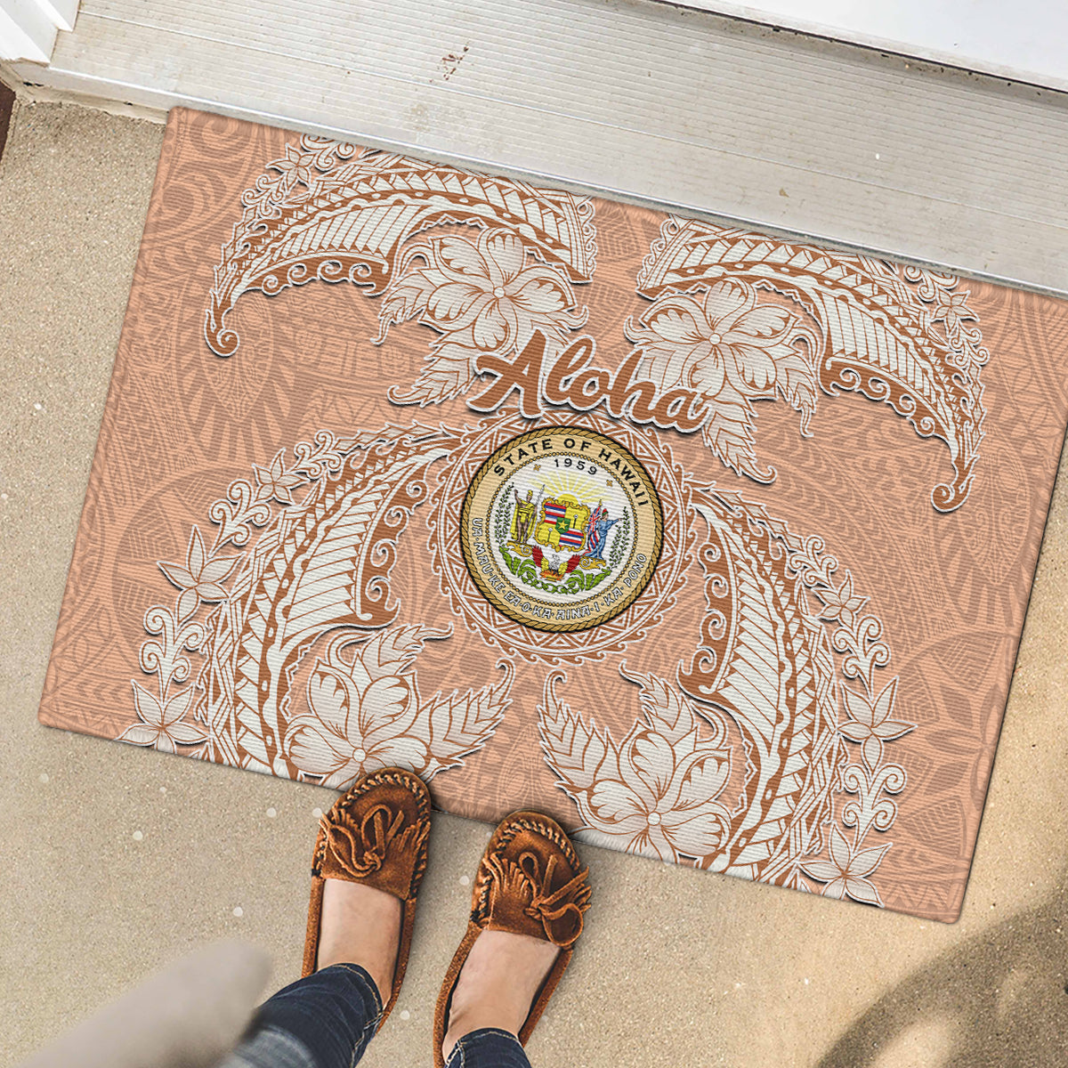 Hawaii Tropical Flowers with Kakau Tribal Rubber Doormat Peach Fuzz Color LT03 - Polynesian Pride