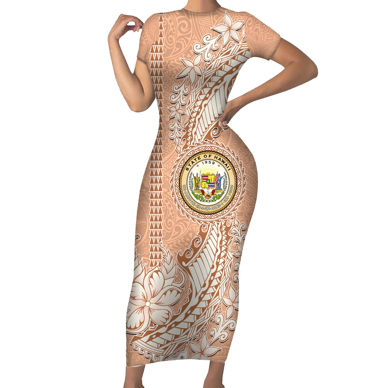 Hawaii Tropical Flowers with Kakau Tribal Short Sleeve Bodycon Dress Peach Fuzz Color LT03 Long Dress Peach Fuzz - Polynesian Pride
