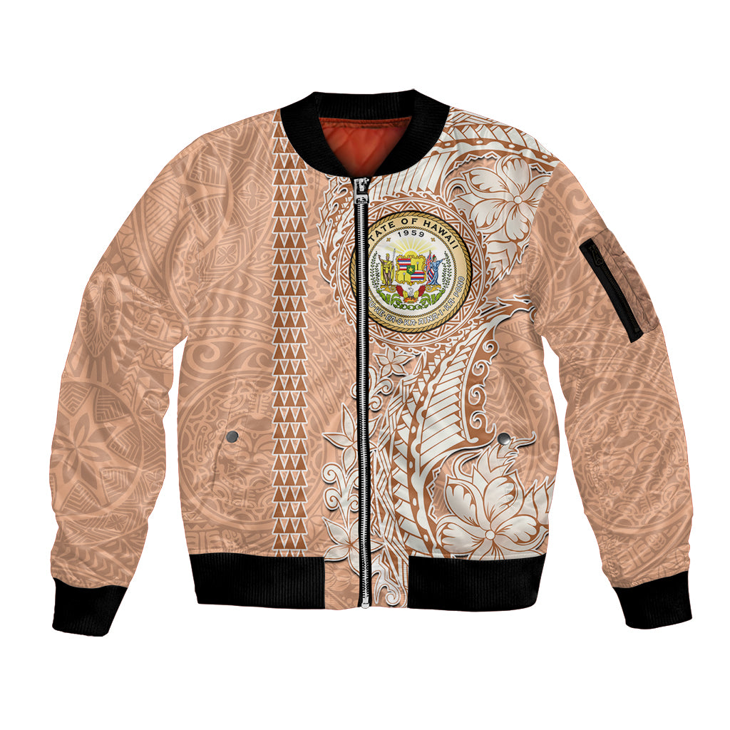 Hawaii Tropical Flowers with Kakau Tribal Sleeve Zip Bomber Jacket Peach Fuzz Color LT03 Unisex Peach Fuzz - Polynesian Pride