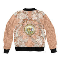 Hawaii Tropical Flowers with Kakau Tribal Sleeve Zip Bomber Jacket Peach Fuzz Color LT03 - Polynesian Pride