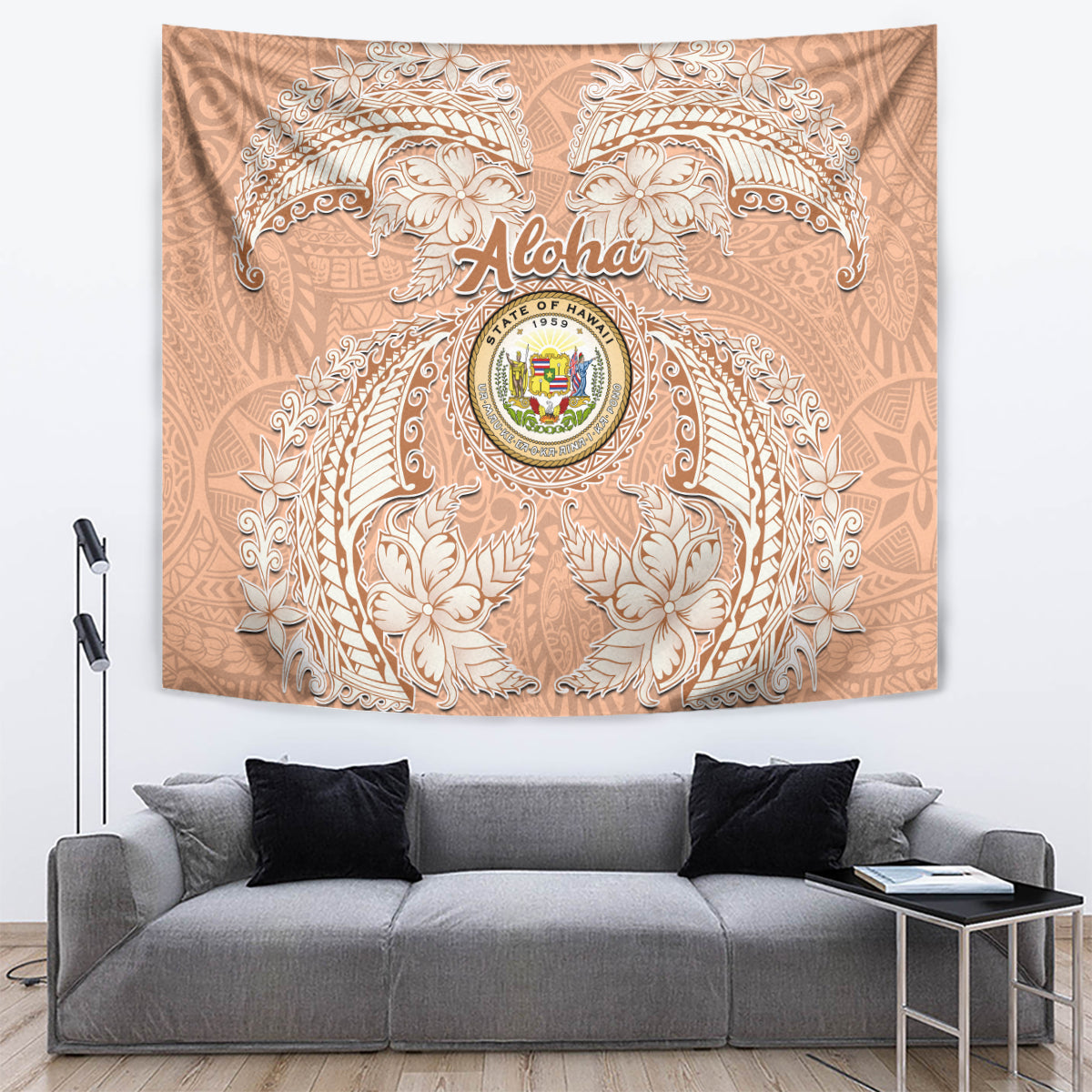 Hawaii Tropical Flowers with Kakau Tribal Tapestry Peach Fuzz Color LT03 - Polynesian Pride