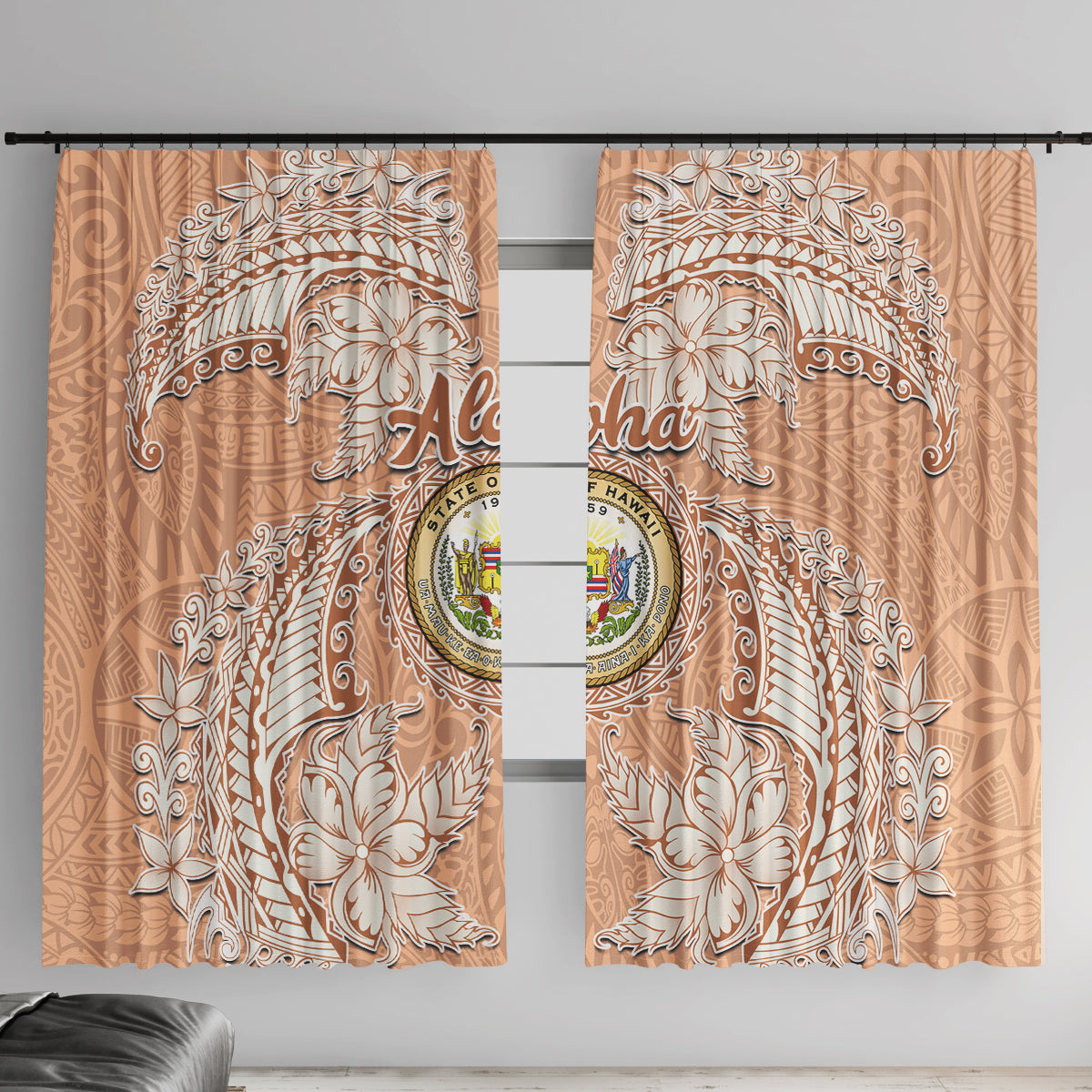 Hawaii Tropical Flowers with Kakau Tribal Window Curtain Peach Fuzz Color LT03 With Hooks Peach Fuzz - Polynesian Pride