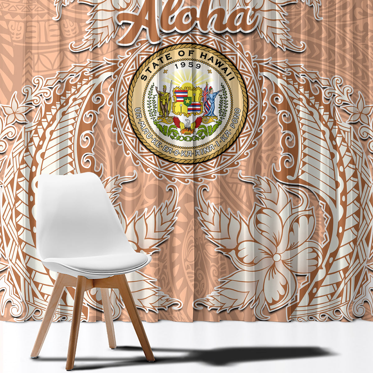 Hawaii Tropical Flowers with Kakau Tribal Window Curtain Peach Fuzz Color LT03 - Polynesian Pride