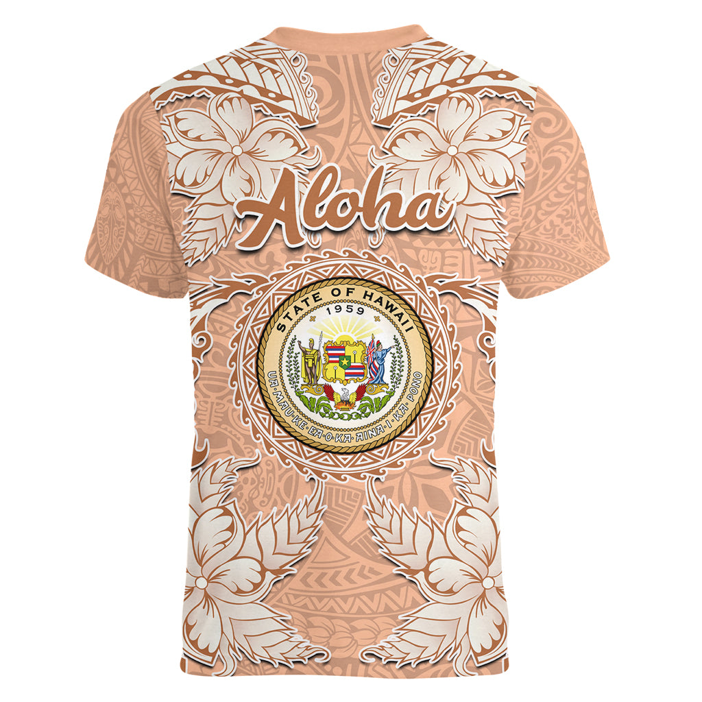 Hawaii Tropical Flowers with Kakau Tribal Women V Neck T Shirt Peach Fuzz Color LT03 - Polynesian Pride