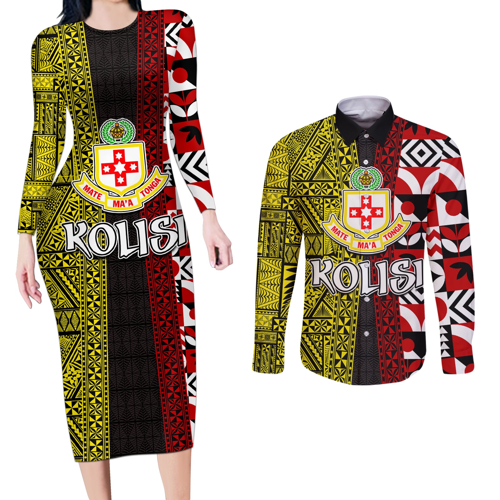 Tonga Kolisi Tonga Couples Matching Long Sleeve Bodycon Dress and Long Sleeve Button Shirt Ngatu and Geometric Pattern LT03 Red - Polynesian Pride