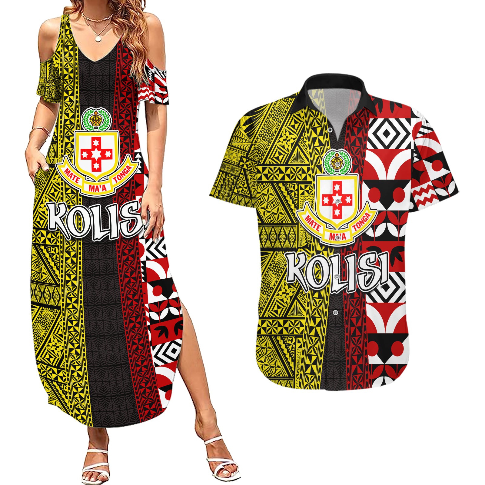 Tonga Kolisi Tonga Couples Matching Summer Maxi Dress and Hawaiian Shirt Ngatu and Geometric Pattern LT03 Red - Polynesian Pride