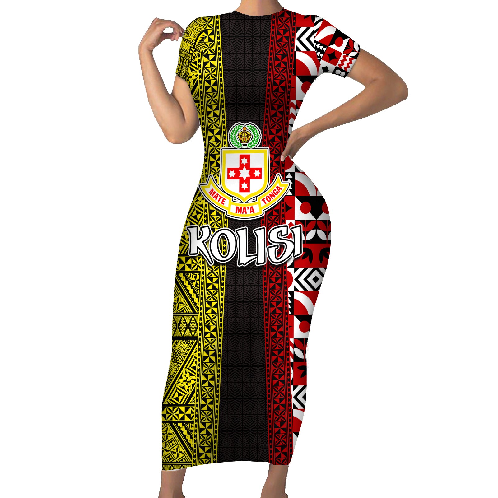 Tonga Kolisi Tonga Short Sleeve Bodycon Dress Ngatu and Geometric Pattern LT03 Long Dress Red - Polynesian Pride