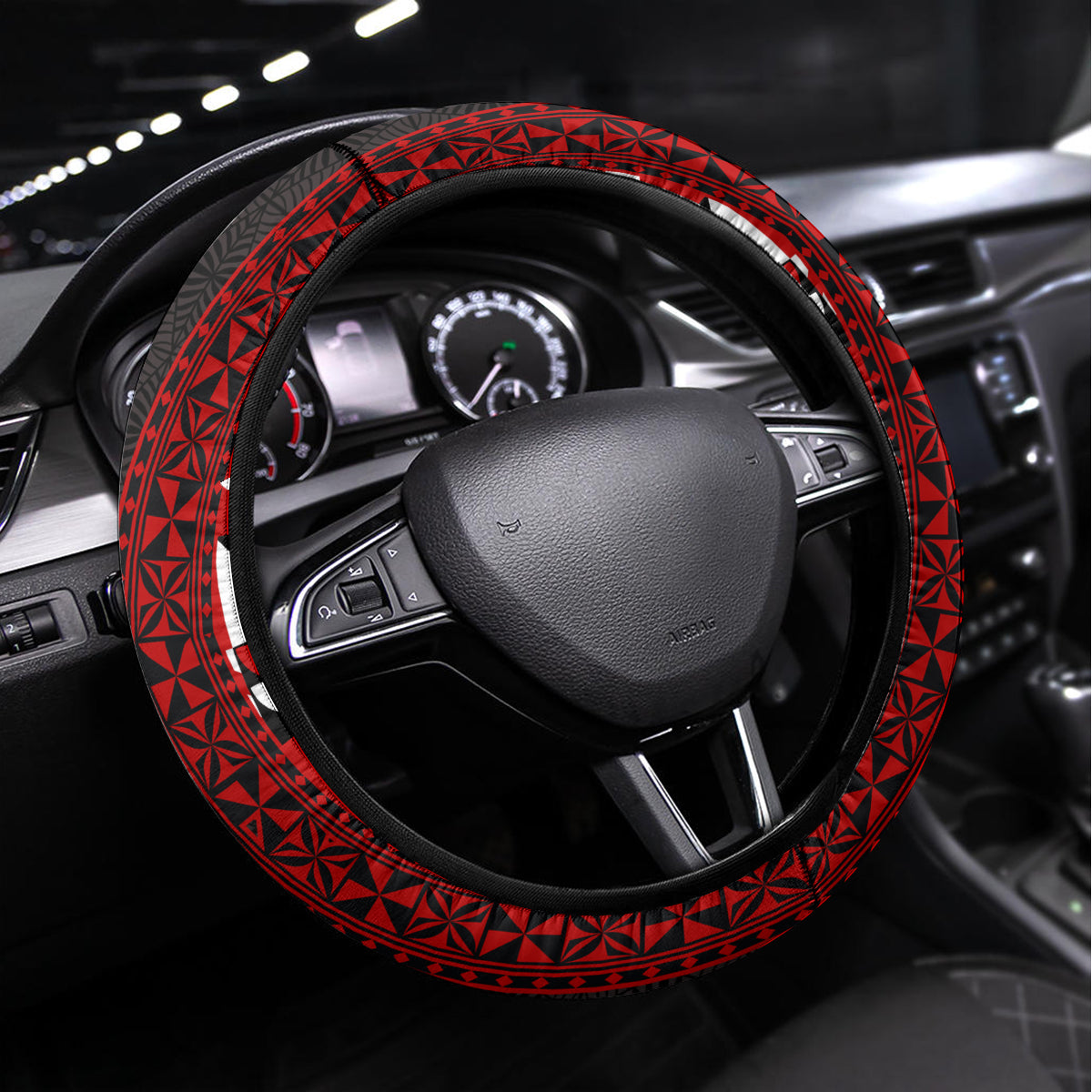 Tonga Kolisi Tonga Steering Wheel Cover Ngatu and Geometric Pattern LT03 Universal Fit Red - Polynesian Pride