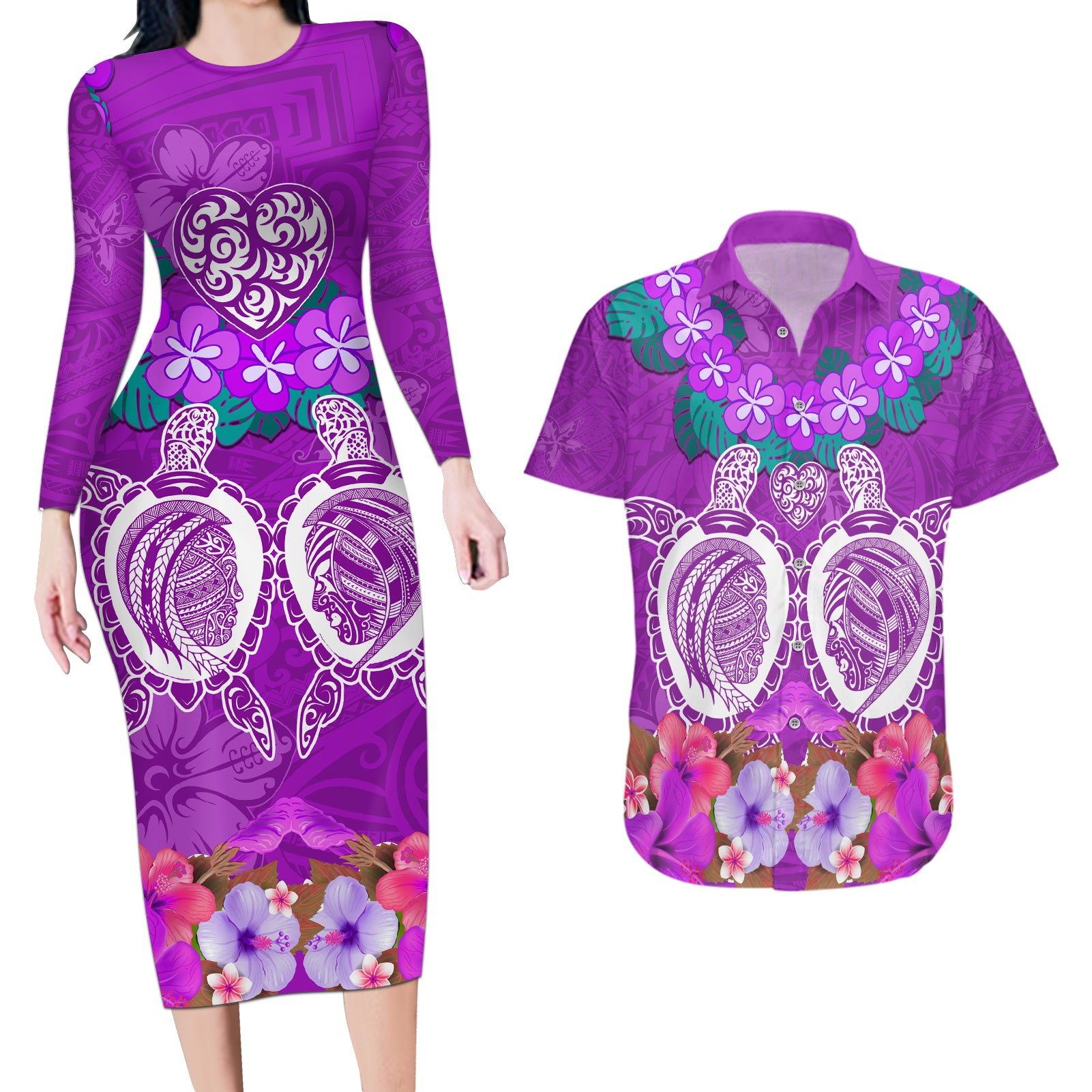 Polynesian Valentine Day Couples Matching Long Sleeve Bodycon Dress and Hawaiian Shirt Love Couple Turtle Maori Hibiscus Purple LT03 Purple - Polynesian Pride