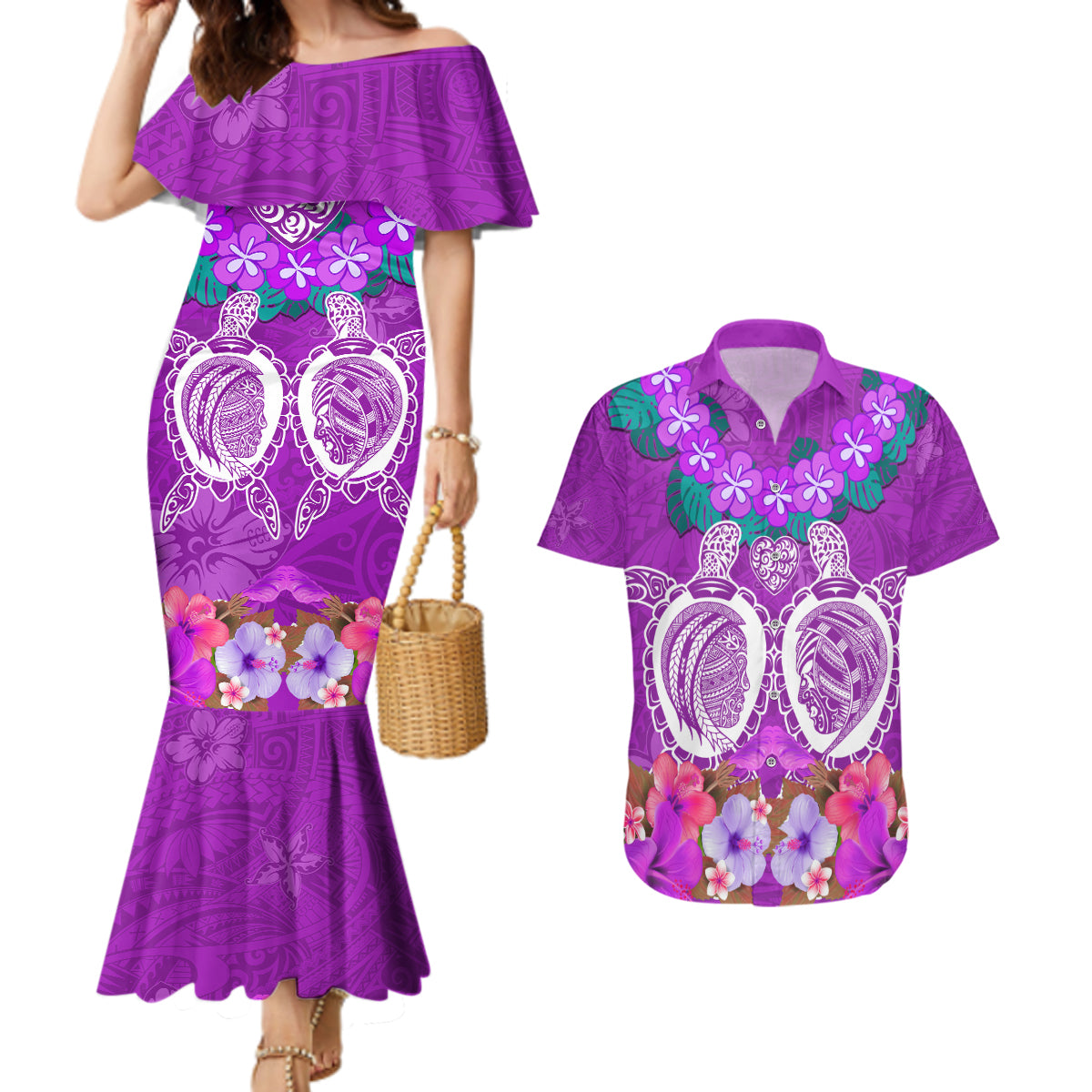 Polynesian Valentine Day Couples Matching Mermaid Dress and Hawaiian Shirt Love Couple Turtle Maori Hibiscus Purple LT03 Purple - Polynesian Pride