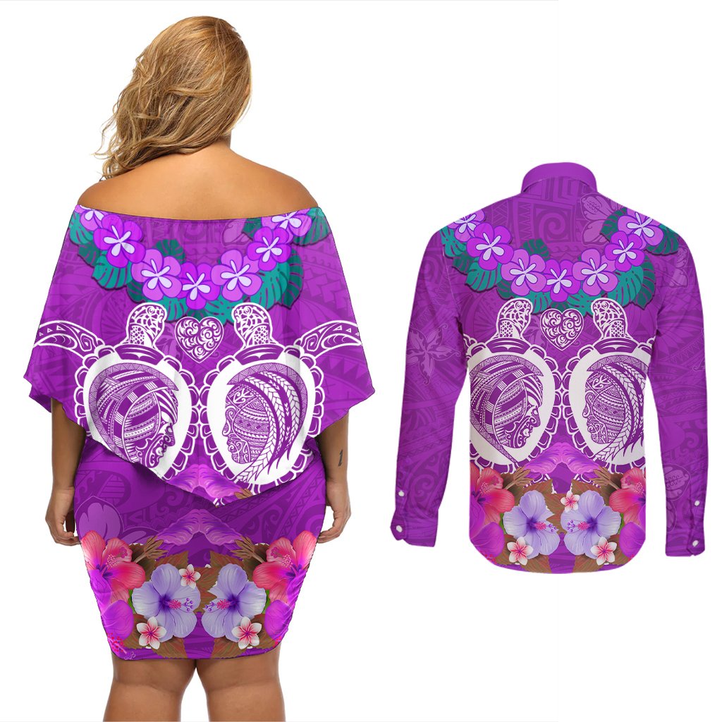 Polynesian Valentine Day Couples Matching Off Shoulder Short Dress and Long Sleeve Button Shirt Love Couple Turtle Maori Hibiscus Purple LT03 - Polynesian Pride