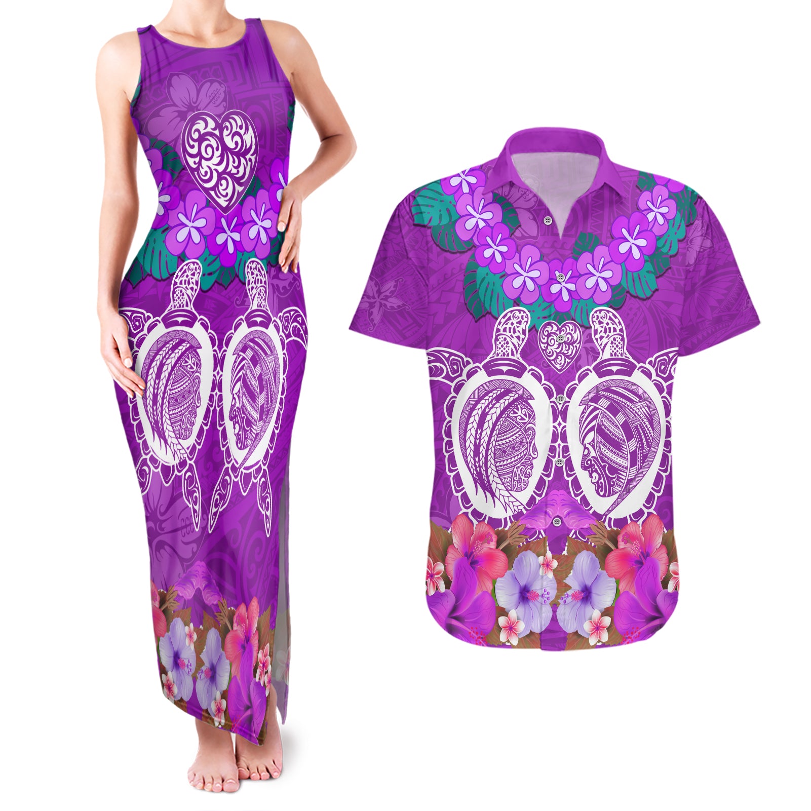 Polynesian Valentine Day Couples Matching Tank Maxi Dress and Hawaiian Shirt Love Couple Turtle Maori Hibiscus Purple LT03 Purple - Polynesian Pride