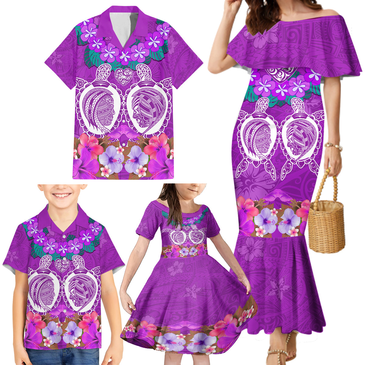 Polynesian Valentine Day Family Matching Mermaid Dress and Hawaiian Shirt Love Couple Turtle Maori Hibiscus Purple LT03 - Polynesian Pride