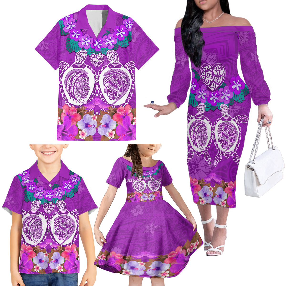 Polynesian Valentine Day Family Matching Off Shoulder Long Sleeve Dress and Hawaiian Shirt Love Couple Turtle Maori Hibiscus Purple LT03 - Polynesian Pride