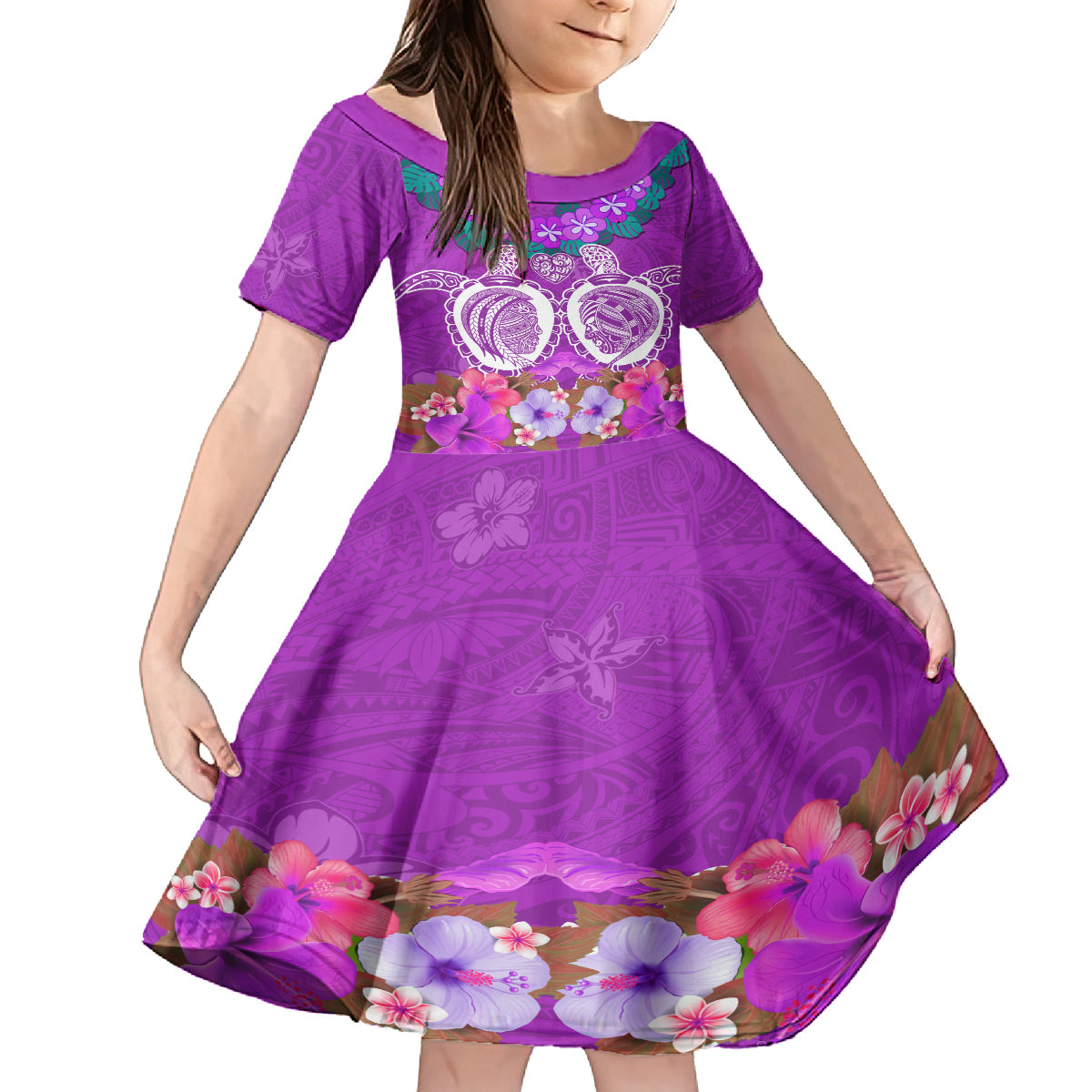 Polynesian Valentine Day Family Matching Off Shoulder Maxi Dress and Hawaiian Shirt Love Couple Turtle Maori Hibiscus Purple LT03 Daughter's Dress Purple - Polynesian Pride