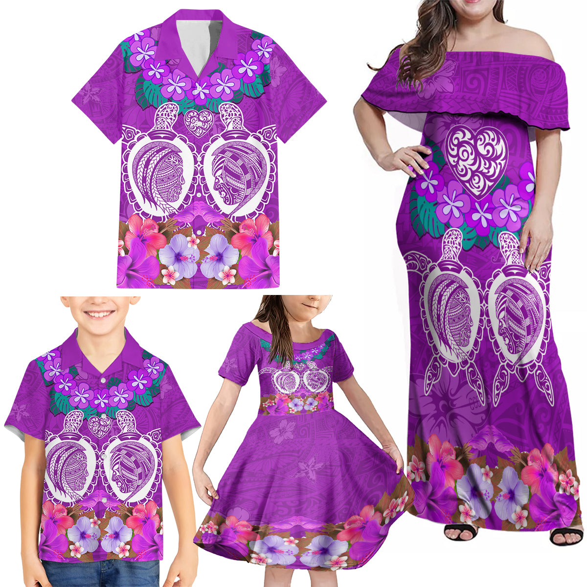 Polynesian Valentine Day Family Matching Off Shoulder Maxi Dress and Hawaiian Shirt Love Couple Turtle Maori Hibiscus Purple LT03 - Polynesian Pride