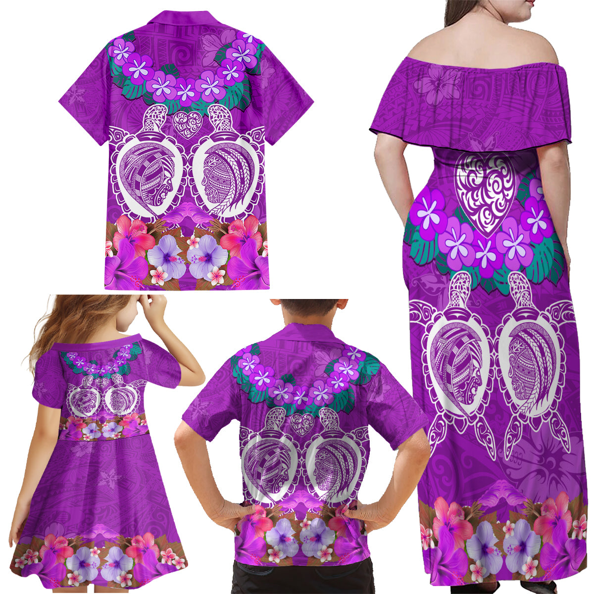Polynesian Valentine Day Family Matching Off Shoulder Maxi Dress and Hawaiian Shirt Love Couple Turtle Maori Hibiscus Purple LT03 - Polynesian Pride
