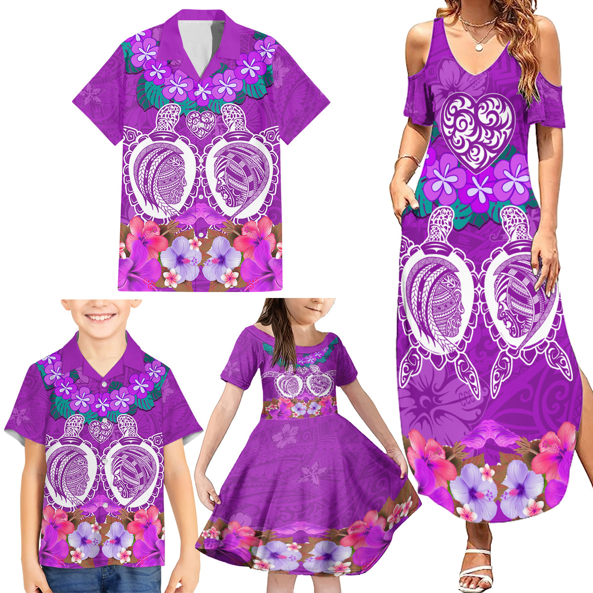 Polynesian Valentine Day Family Matching Summer Maxi Dress and Hawaiian Shirt Love Couple Turtle Maori Hibiscus Purple LT03 - Polynesian Pride