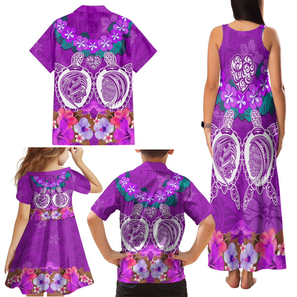Polynesian Valentine Day Family Matching Tank Maxi Dress and Hawaiian Shirt Love Couple Turtle Maori Hibiscus Purple LT03 - Polynesian Pride