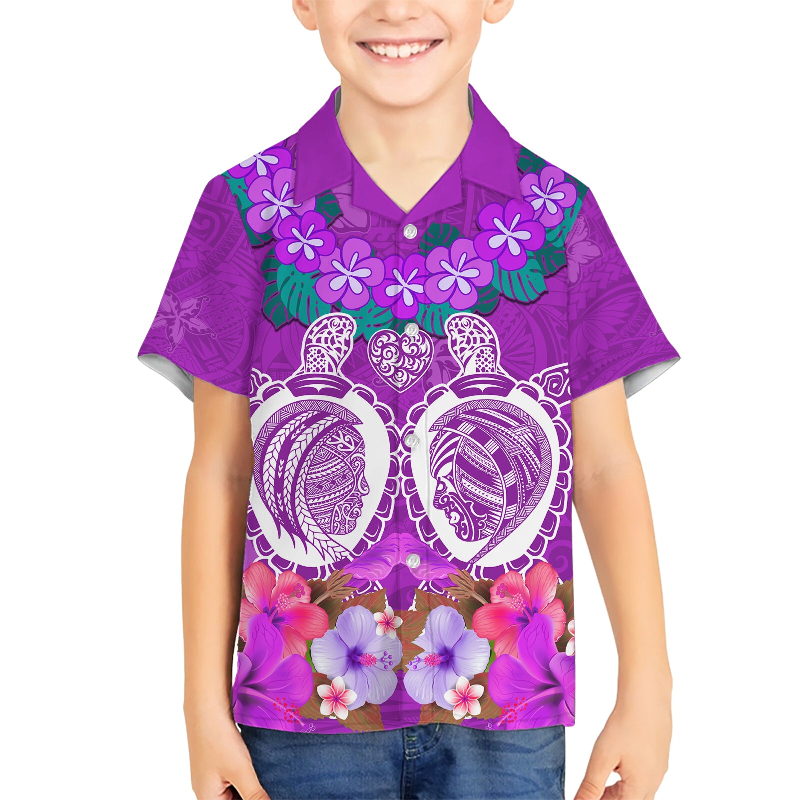 Polynesian Valentine Day Kid Hawaiian Shirt Love Couple Turtle Maori Hibiscus Purple LT03 Kid Purple - Polynesian Pride
