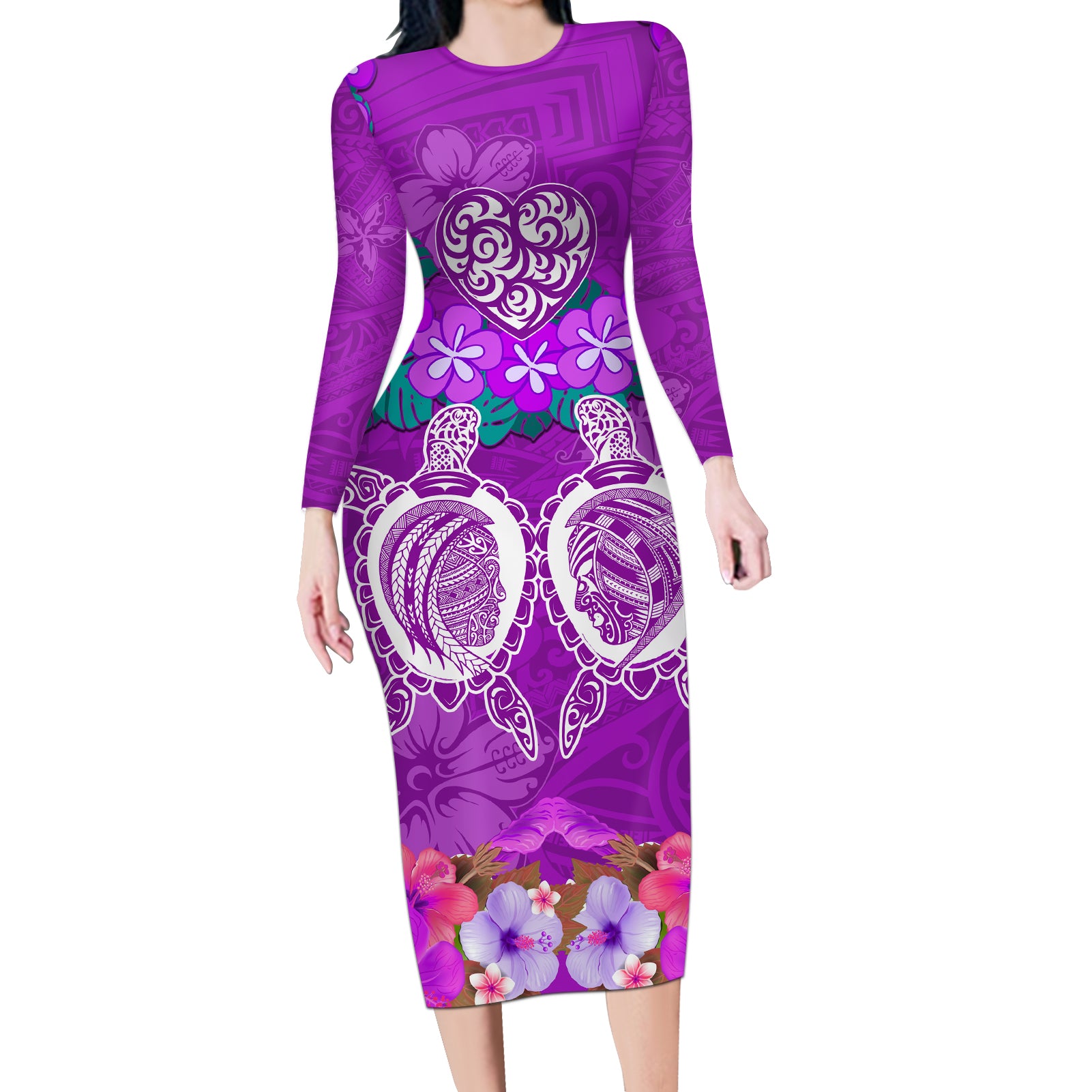 Polynesian Valentine Day Long Sleeve Bodycon Dress Love Couple Turtle Maori Hibiscus Purple LT03 Long Dress Purple - Polynesian Pride