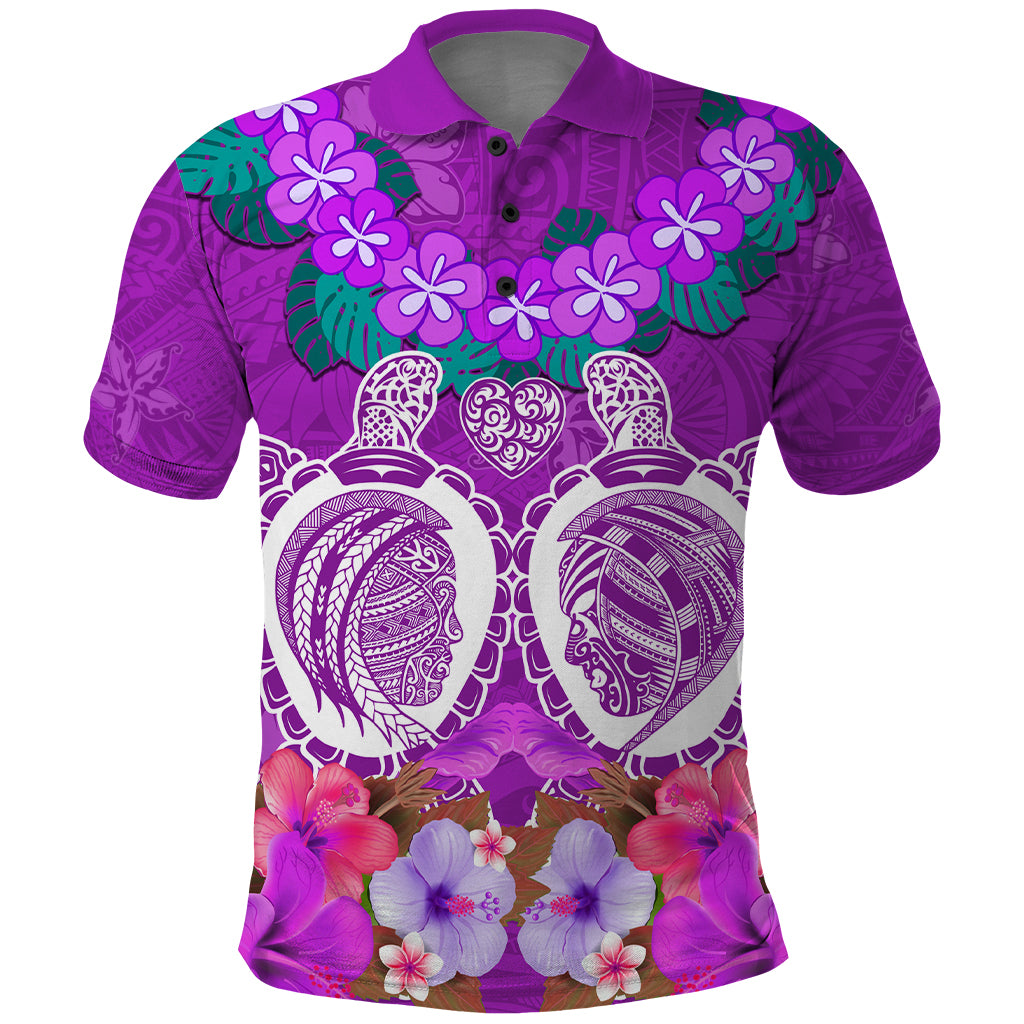 Polynesian Valentine Day Polo Shirt Love Couple Turtle Maori Hibiscus Purple LT03 Purple - Polynesian Pride