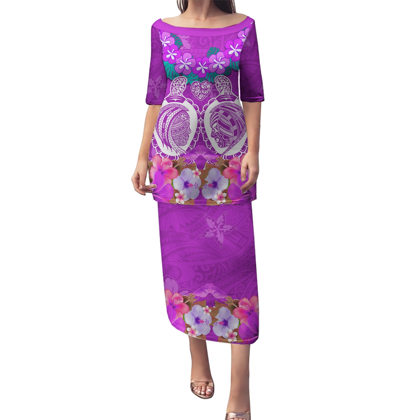 Polynesian Valentine Day Puletasi Love Couple Turtle Maori Hibiscus Purple LT03 Long Dress Purple - Polynesian Pride