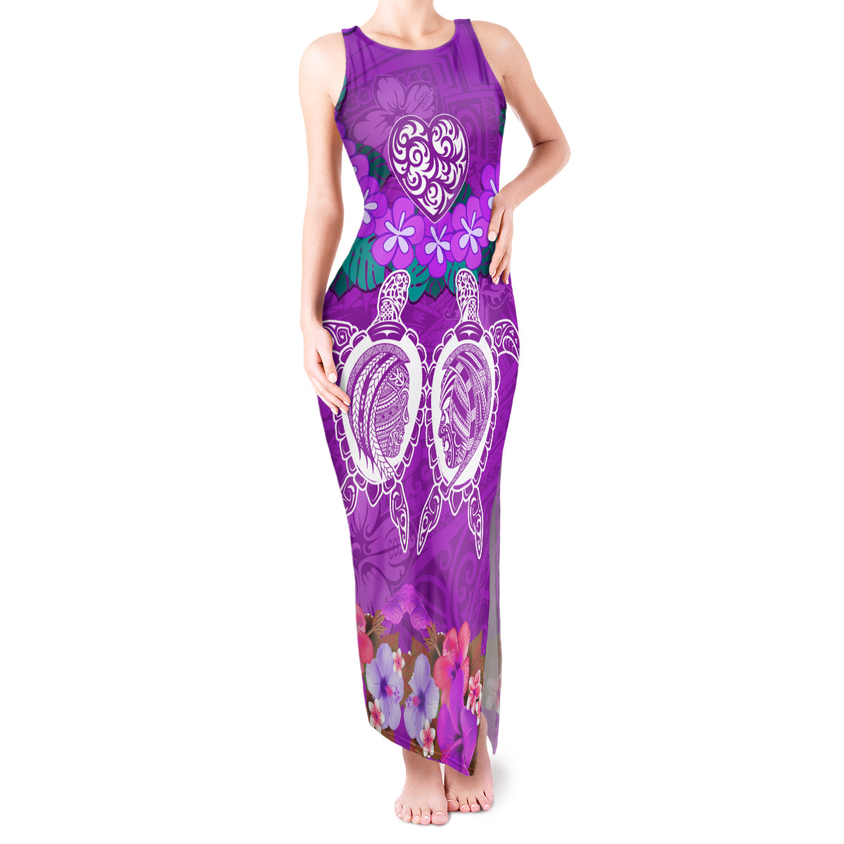 Polynesian Valentine Day Tank Maxi Dress Love Couple Turtle Maori Hibiscus Purple LT03 Women Purple - Polynesian Pride